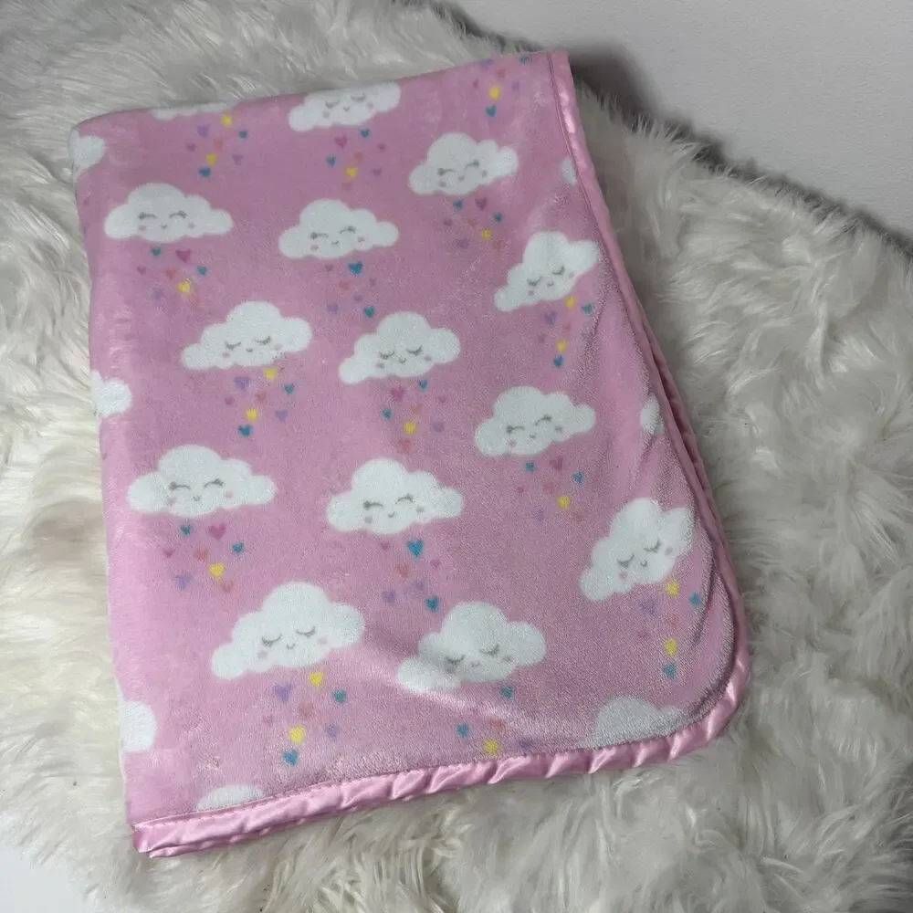 ZAK and ZOEY Raincloud Hearts Pink Baby Blanket White Sherpa Satin Trim Edge